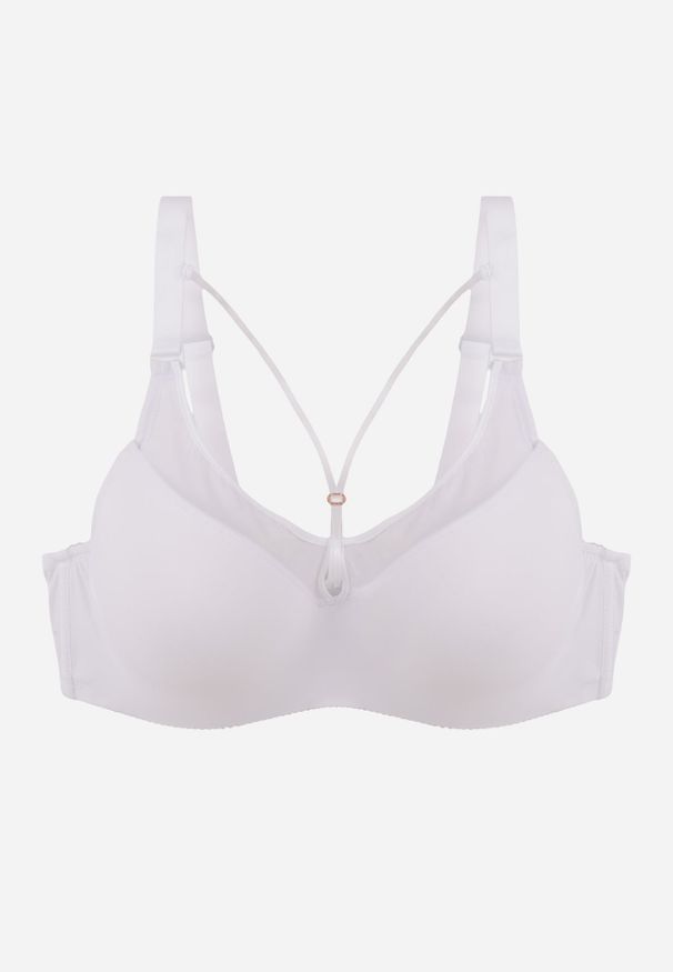 Renee - Biały Biustonosz z Siateczkową Wstawką i Ozdobnymi Paskami przy Dekolcie Sabesa. Kolor: biały. Materiał: jeans. Wzór: paski