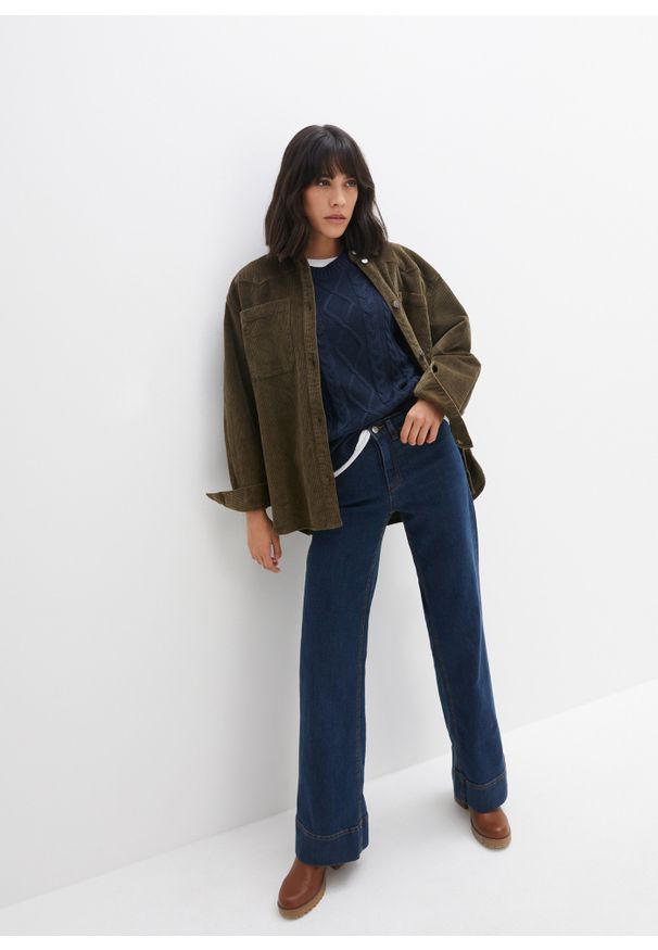 bonprix - Dżinsy z szerokimi nogawkami, talią mid waist i wygodnym stretchem. Kolor: niebieski