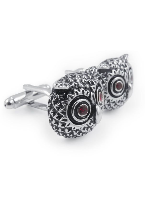 Modini - Srebrne spinki do mankietów - sowy z czerwonymi oczami U45. Kolor: srebrny, wielokolorowy, czerwony