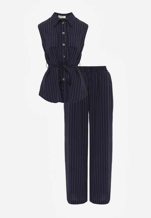 Born2be - Granatowy Wiskozowy Komplet Szerokie Spodnie i Koszula Bez Rękawów z Wiązaniem Zanran. Kolor: niebieski. Materiał: wiskoza