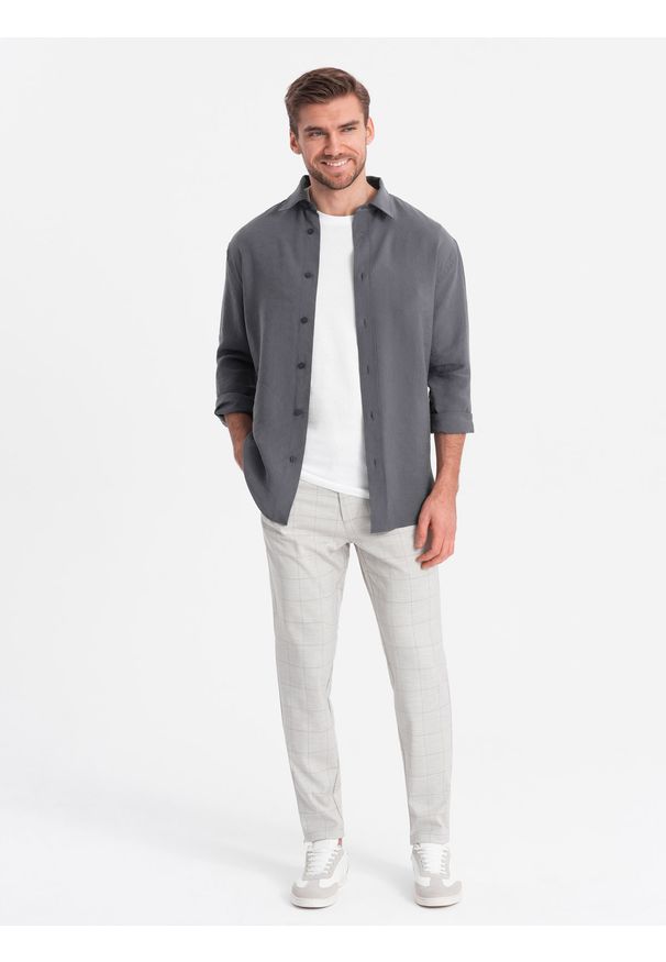Ombre Clothing - Spodnie męskie o klasycznym kroju w delikatną kratę - beżowe V1. Kolor: beżowy. Materiał: wiskoza, poliester, materiał. Styl: klasyczny