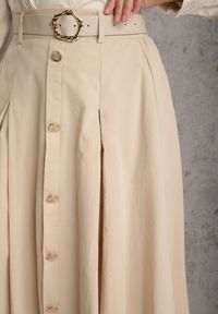 Renee - Beżowa Rozkloszowana Spódnica z Kieszonkami i Paskiem z Klamrą Qualea. Okazja: na co dzień. Kolor: beżowy. Materiał: wiskoza, bawełna, materiał. Styl: casual, elegancki #7