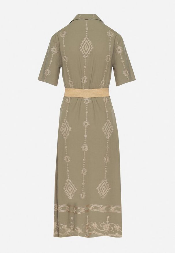 Born2be - Ciemnozielona Bawełniana Sukienka Koszulowa z Ozdobnym Paskiem i Haftem Evialisse. Okazja: na co dzień, na imprezę. Kolor: zielony. Materiał: bawełna. Wzór: haft. Typ sukienki: koszulowe. Styl: casual, elegancki