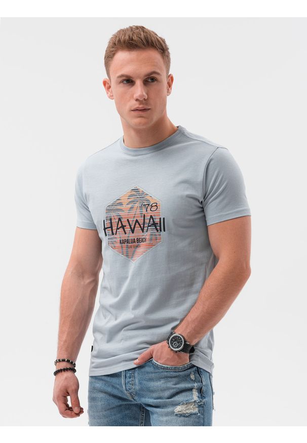 Ombre Clothing - T-shirt męski z nadrukiem - niebieski V-17B S1434 - XXL. Kolor: niebieski. Materiał: bawełna. Wzór: nadruk. Styl: klasyczny