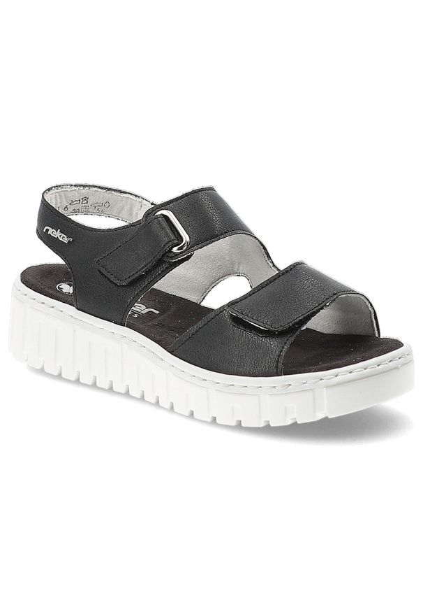 Sandały damskie Rieker, cholewka ze skóry naturalnej regulowane paski na rzepy odkryty fason, czarne, V1382-00. Okazja: na co dzień. Zapięcie: rzepy. Kolor: czarny. Materiał: skóra. Wzór: paski. Sezon: lato. Styl: casual, klasyczny, elegancki