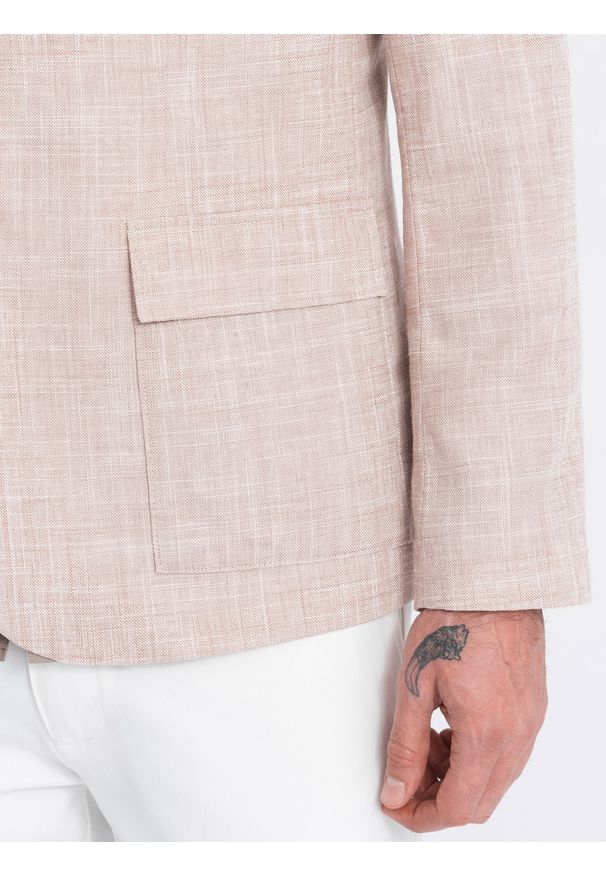 Ombre Clothing - Męska marynarka o kroju REGULAR z lnem - jasnobeżowa V2. Okazja: do pracy. Kolor: beżowy. Materiał: len. Wzór: aplikacja. Styl: klasyczny, elegancki
