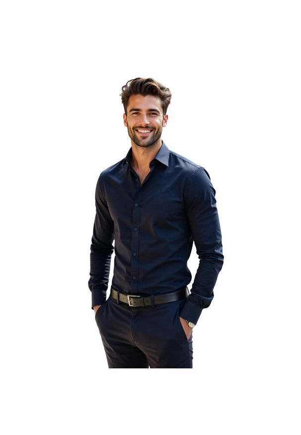 Modini - Elastyczna granatowa gładka koszula męska Y91. Kolor: niebieski. Materiał: bawełna, lycra, tkanina. Wzór: gładki