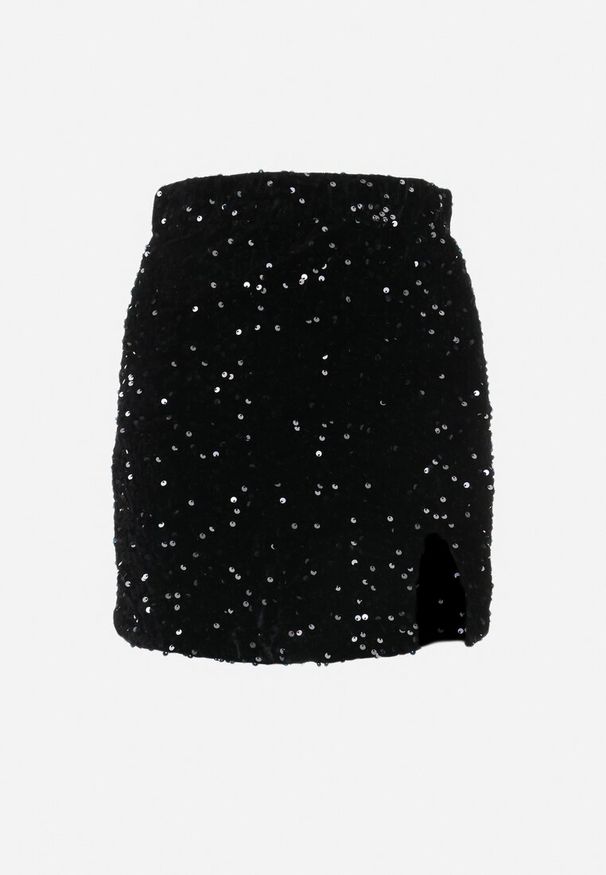 Born2be - Czarna Mini Cekinowa Spódnica z Wycięciem i Gumką w Talii Guha. Kolor: czarny