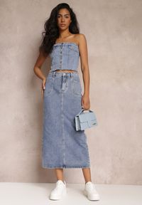 Renee - Niebieska Spódnica Jeansowa Midi z Wysokim Stanem Zakila. Stan: podwyższony. Kolor: niebieski. Materiał: jeans #4