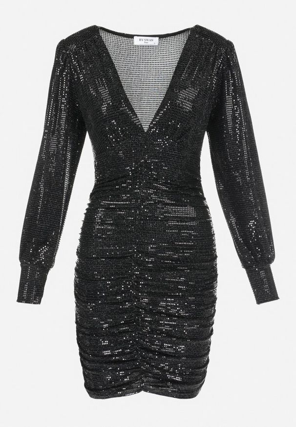 Born2be - Czarna Sukienka z Cekinami i Drapowaniem Nole. Okazja: na co dzień. Typ kołnierza: dekolt w kształcie V. Kolor: czarny. Materiał: skóra, wiskoza. Styl: casual, elegancki