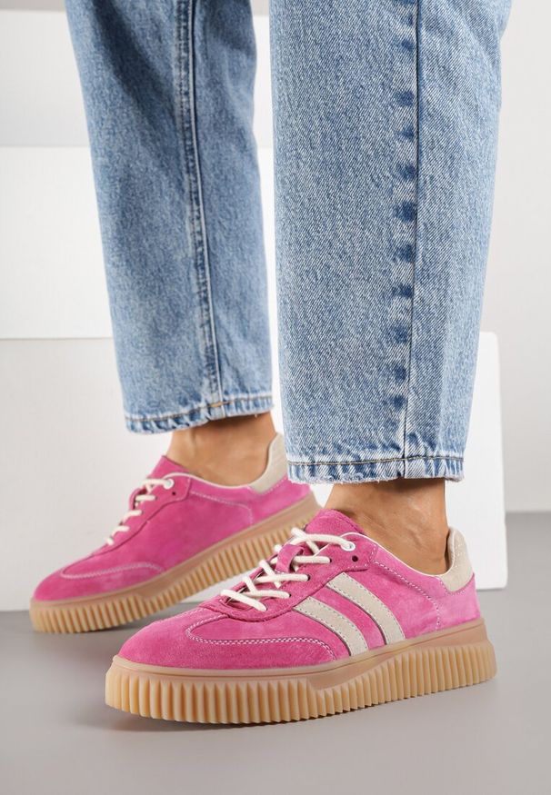 Born2be - Fuksjowe Skórzane Sneakersy Klasyczne Tenisówki z Zamszu Naturalnego Teniresela. Okazja: na co dzień. Kolor: różowy. Materiał: zamsz, skóra