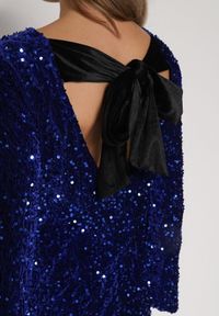 Born2be - Niebieska Cekinowa Sukienka z Odkrytymi Plecami i Wiązaniem Diadina. Kolor: niebieski. Materiał: wiskoza, elastan, futro. Wzór: aplikacja. Styl: wizytowy, elegancki #3