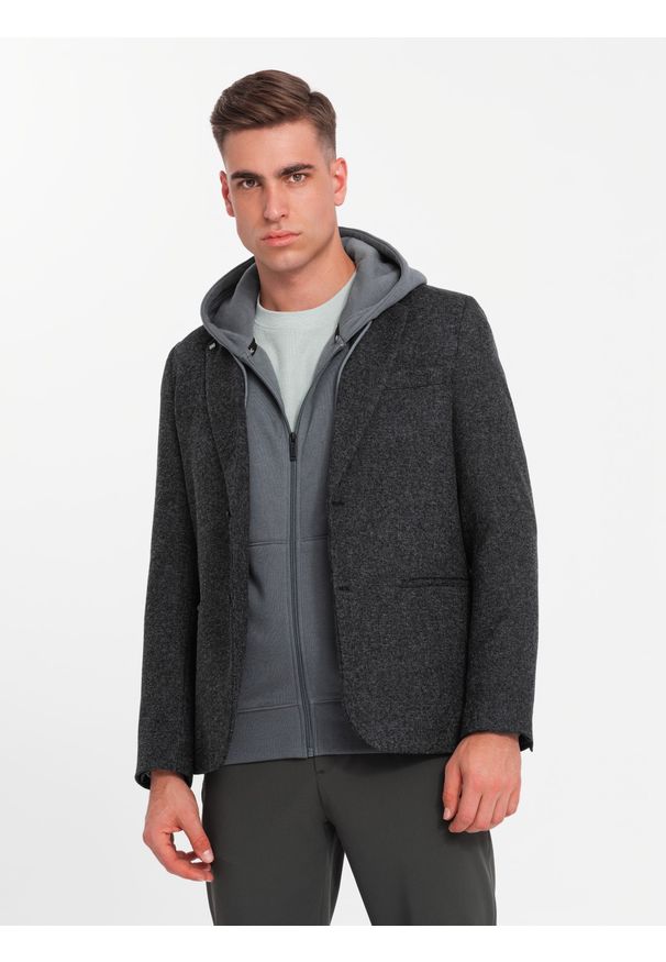 Ombre Clothing - Męska marynarka casual z ozdobnym pinem na klapie - grafitowy melanż V2 - Rozmiar: M. Okazja: na co dzień. Kolor: szary. Materiał: poliester. Wzór: melanż. Styl: casual