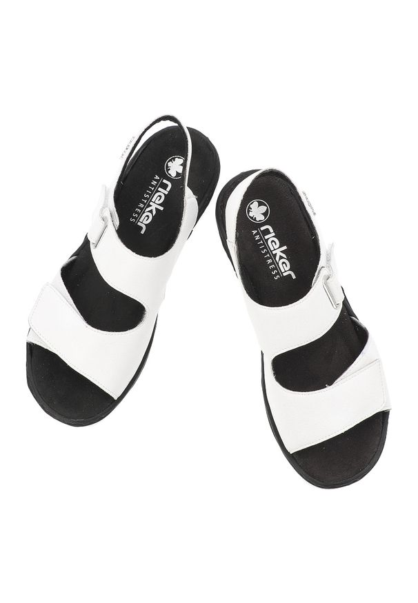 Sandały damskie Rieker, cholewka ze skóry naturalnej z materiałowym wnętrzem zapinane na rzep, białe, V1382-80. Okazja: na co dzień, na spacer. Zapięcie: rzepy. Kolor: biały. Materiał: materiał, skóra. Wzór: paski. Sezon: lato. Styl: klasyczny, casual