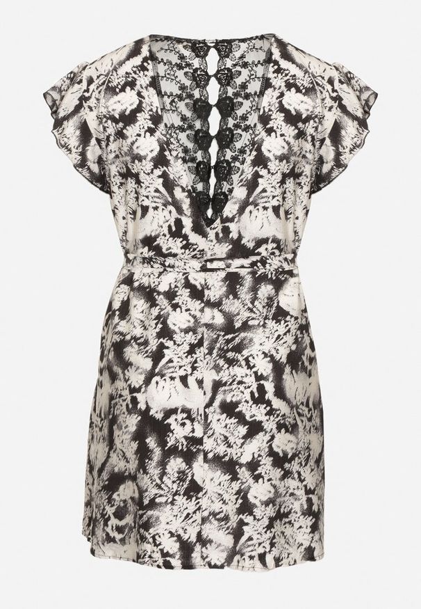 Born2be - Czarna Sukienka z Wiskozy i Lnu Pudełkowa z Wiązaniem w Talii w Abstrakcyjny Wzór Toleira. Typ kołnierza: dekolt w kształcie V. Kolor: czarny. Materiał: wiskoza, len. Długość rękawa: krótki rękaw