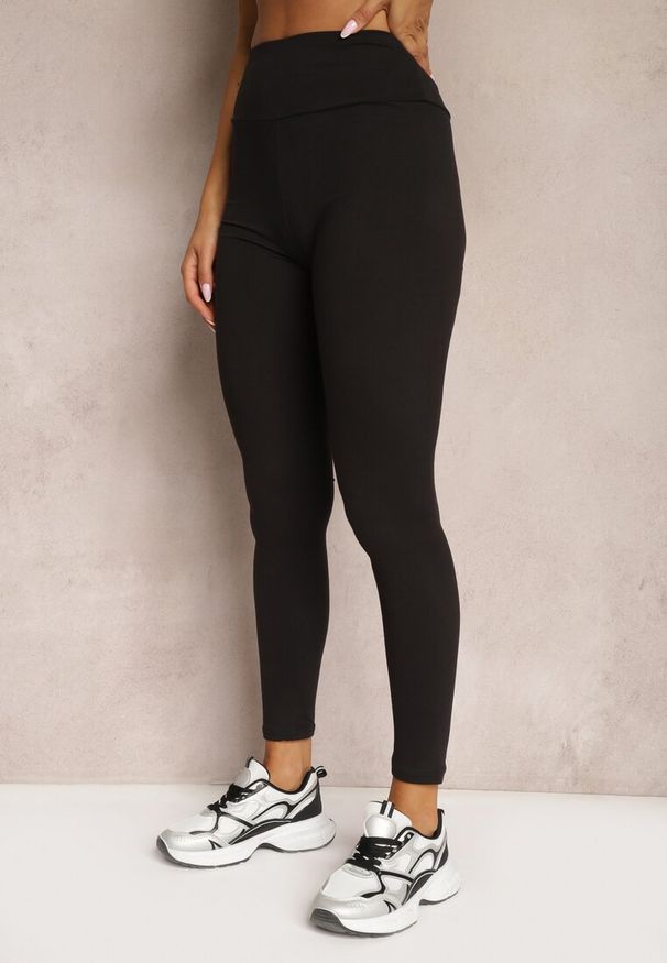 Renee - Czarne Legginsy z Dzianiny High Waist z Gumką w Pasie Nimzza. Stan: podwyższony. Kolor: czarny. Materiał: dzianina. Styl: klasyczny