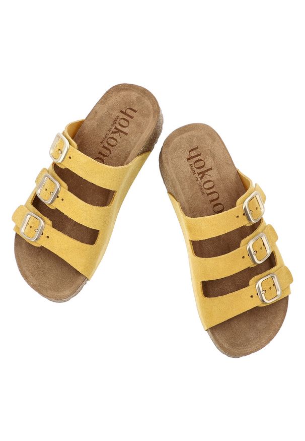 Klapki damskie Yokono, cholewka ze skóry naturalnej zamszowej z trzema szerokimi paskami, żółte, Wiwi-263 Ser Mostaza. Kolor: żółty. Materiał: skóra, zamsz