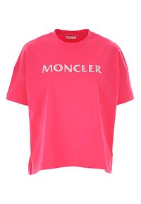 MONCLER - Różowa koszulka z logo. Kolor: wielokolorowy, fioletowy, różowy. Materiał: bawełna. Wzór: nadruk. Styl: sportowy