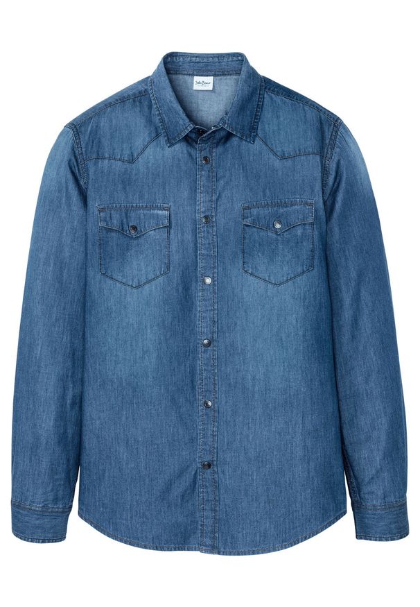 Koszula dżinsowa Slim Fit, długi rękaw bonprix jasnoniebieski denim "used". Kolor: niebieski. Materiał: denim. Długość rękawa: długi rękaw. Długość: długie