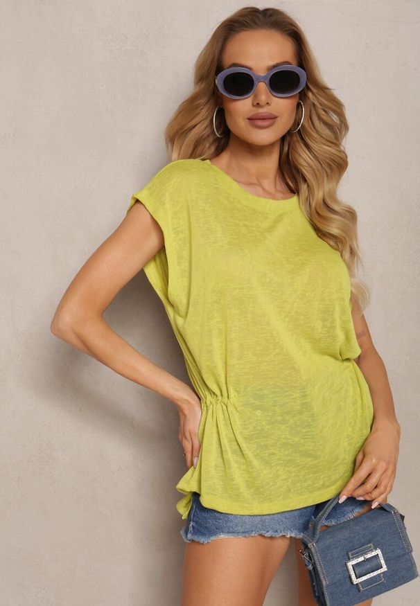 Renee - Jasnozielony Top z Regulacją w Talii i Wiązaniem na Dole z Rozcięciem na Plecach Tiimaelin. Okazja: na co dzień. Kolor: zielony. Materiał: jeans. Styl: sportowy, wizytowy, elegancki, casual