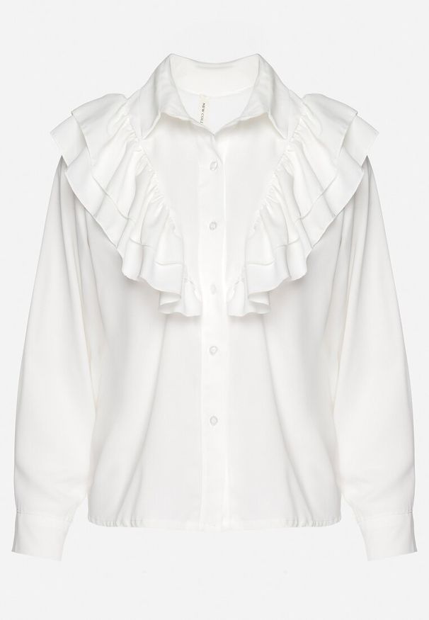 Born2be - Biała Koszula z Ozdobną Falbaną Cornelea. Okazja: na co dzień. Kolor: biały. Materiał: jeans. Styl: klasyczny, casual, elegancki