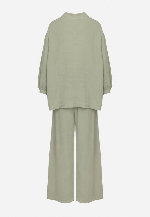 Born2be - Zielony Muślinowy Komplet z Bawełny o Kroju Oversize Koszula i Szerokie Spodnie Ziselia. Kolor: beżowy. Materiał: bawełna. Wzór: aplikacja