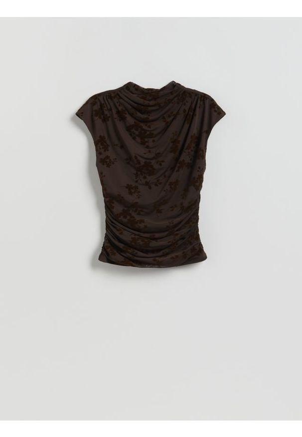 Reserved - Bluzka z drapowaniem - ciemnobrązowy. Kolor: brązowy. Materiał: dzianina