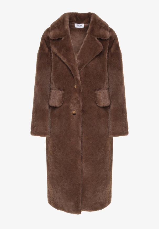 Born2be - Brązowy Futrzany Płaszcz Jednorzędowy z Kieszeniami Zapinany na Guziki Parilda. Okazja: na co dzień. Kolor: brązowy. Materiał: futro. Sezon: zima. Styl: casual, elegancki