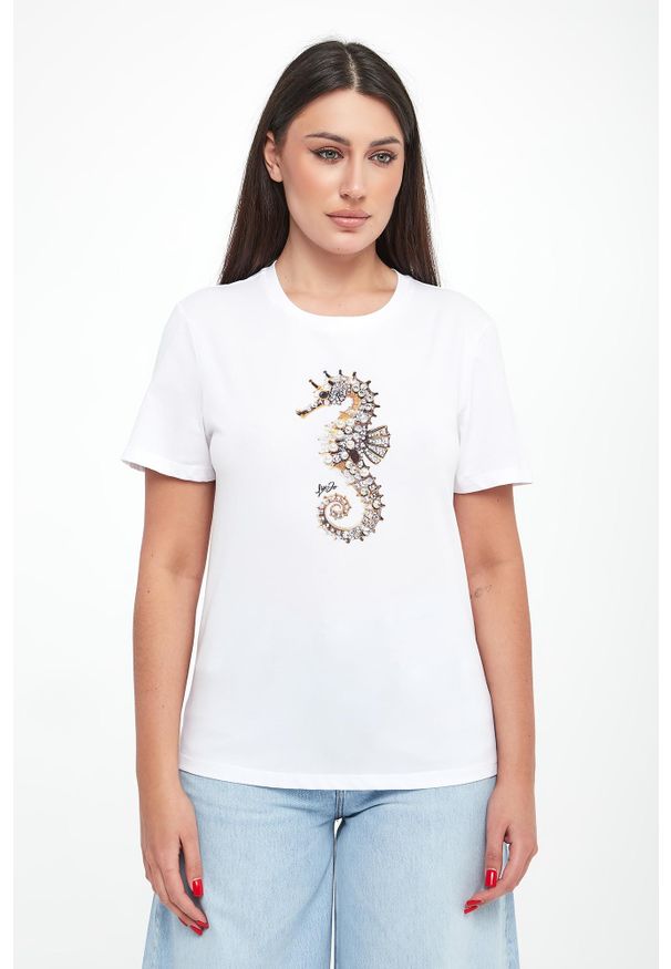 Liu Jo - T-shirt damski z nadrukiem i cyrkoniami LIU JO. Wzór: nadruk