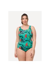 ULLA POPKEN - Damskie Kostium kąpielowy wzór w liście bez miękkich miseczek okrągły dekolt. Kolekcja: plus size. Kolor: zielony. Materiał: poliester, elastan, materiał #1