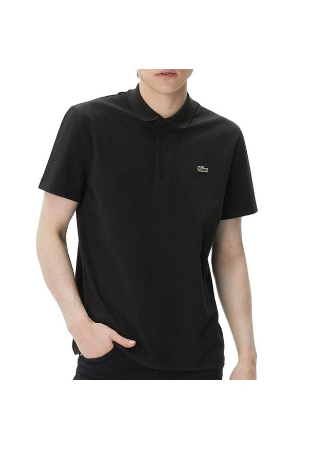 Koszulka Lacoste Polo Regular Fit DH0783-031 - czarna. Typ kołnierza: polo. Kolor: czarny. Materiał: bawełna, poliester, dzianina, elastan. Długość rękawa: krótki rękaw. Długość: krótkie. Wzór: nadruk, aplikacja
