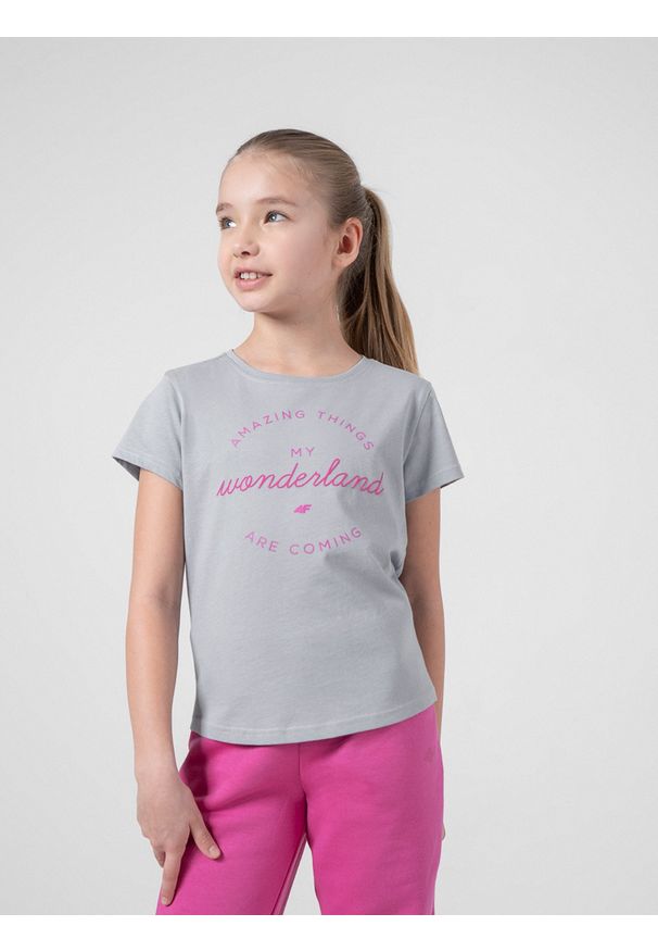 4f - T-shirt z nadrukiem dziewczęcy. Kolor: szary. Materiał: bawełna, dzianina. Wzór: nadruk