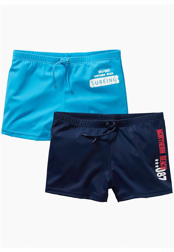 bonprix - Bokserki kąpielowe (2 pary), zrównoważony materiał. Kolor: niebieski. Materiał: materiał. Wzór: nadruk