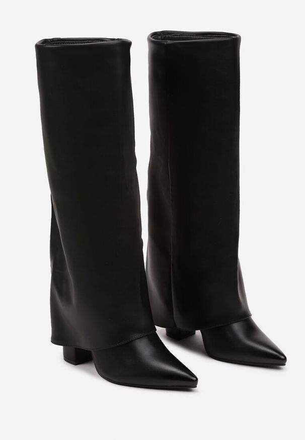 Born2be - Czarne Kozaki na Obcasie z Wywiniętą Cholewką Hesla. Okazja: na co dzień. Kolor: czarny. Materiał: wełna, jeans. Szerokość cholewki: normalna. Sezon: zima, jesień. Obcas: na obcasie. Styl: casual, elegancki. Wysokość obcasa: średni