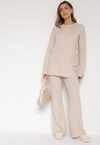 Born2be - Jasnobeżowy Komplet z Bawełną i Wełną Sweter z Guzikami i Proste Spodnie Reisadia. Kolor: beżowy. Materiał: wełna, bawełna #3