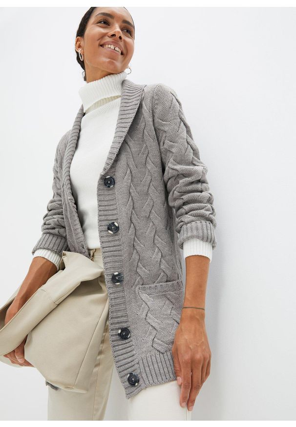 bonprix - Sweter rozpinany z szalowym kołnierzem i wzorem w warkocze. Kolor: szary. Długość: długie