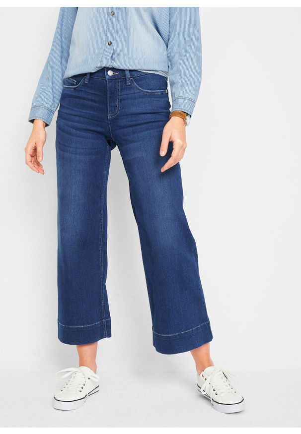 bonprix - Bardzo miękkie jeansy 7/8, culotte. Okazja: do pracy. Kolor: niebieski