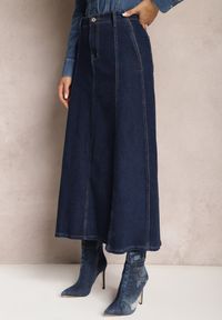 Renee - Granatowa Jeansowa Spódnica Maxi z Regularną Talią i Przeszyciami Bellezza. Kolor: niebieski. Materiał: jeans. Wzór: aplikacja #3