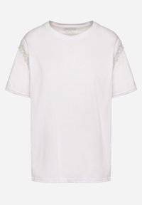 Born2be - Biały Bawełniany T-shirt Ozdobiony Koralikami Tlerra. Okazja: na co dzień. Kolor: biały. Materiał: bawełna. Wzór: aplikacja. Sezon: lato, wiosna. Styl: sportowy, klasyczny, casual #6