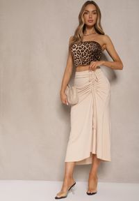 Renee - Beżowa Spódnica z Wiskozą High Waist Marszczeniem i Wiązaniem Tesainea. Okazja: na co dzień. Stan: podwyższony. Kolor: beżowy. Materiał: wiskoza. Styl: casual, elegancki