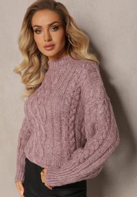 Renee - Jasnofioletowy Luźny Golf w Ozdobny Splot Atterta. Typ kołnierza: golf. Kolor: fioletowy. Materiał: dzianina, tkanina. Długość rękawa: długi rękaw. Długość: długie. Wzór: ze splotem #4