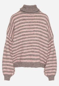 Born2be - Szaro-Różowy Golf z Domieszką Wełny w Paski Monallia. Okazja: na co dzień. Typ kołnierza: golf. Kolor: szary. Materiał: wełna. Wzór: paski. Styl: klasyczny, casual, elegancki #4