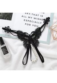 Intica - Stringi z motywem motyla i perłami eleganckie Louiselle. Kolor: czarny. Materiał: materiał. Wzór: aplikacja