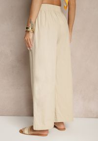 Renee - Beżowe Spodnie High Waist Szerokie z Bawełny Wiązane w Pasie z Gumką w Talii Yaslio. Okazja: na co dzień. Stan: podwyższony. Kolor: beżowy. Materiał: bawełna. Styl: elegancki, casual