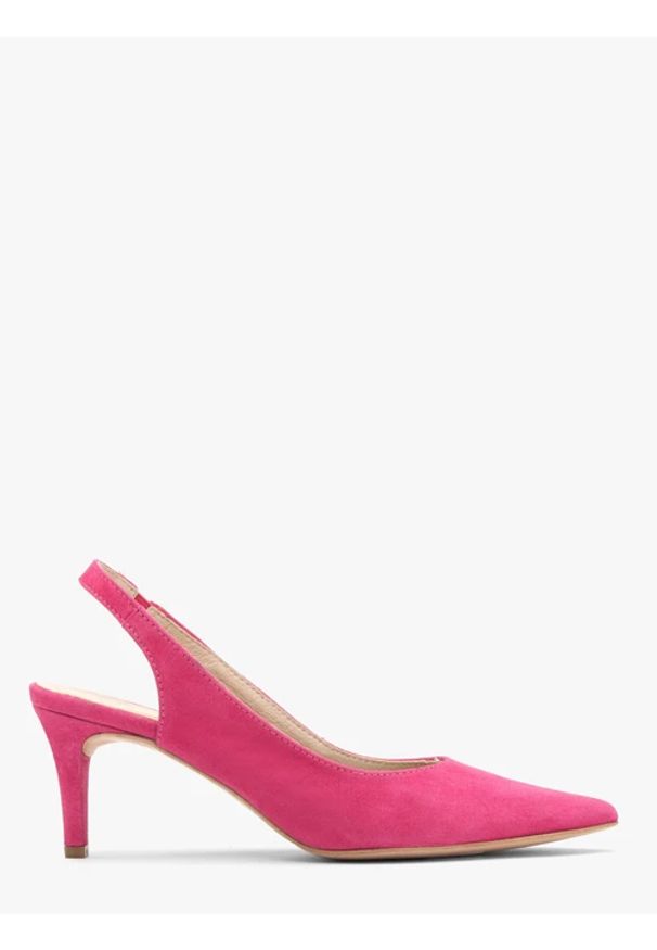 Ryłko - Czółenka typu slingback w kolorze fuksji. Zapięcie: pasek. Kolor: fioletowy. Materiał: welur, skóra. Szerokość cholewki: normalna. Obcas: na obcasie. Styl: street. Wysokość obcasa: średni