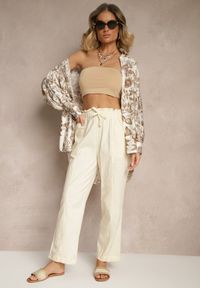 Renee - Jasnobeżowe Spodnie z Bawełny High Waist z Wiązaniem Tyswia. Okazja: na co dzień. Stan: podwyższony. Kolor: beżowy. Materiał: bawełna. Styl: casual, elegancki #4