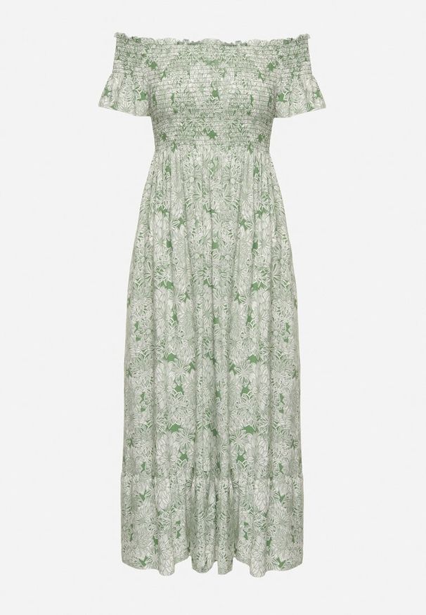 Born2be - Zielona Sukienka Hiszpanka z Bawełny Ozdobiona Falbanką Risalens. Okazja: na spacer, na co dzień. Typ kołnierza: dekolt hiszpanka. Kolor: zielony. Materiał: bawełna. Długość rękawa: krótki rękaw. Wzór: aplikacja. Typ sukienki: proste. Styl: casual