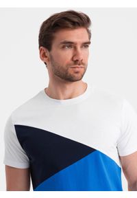 Ombre Clothing - T-shirt męski trójkolorowy bawełniany - biało-niebieski V4 OM-TSCT-0174 - XXL. Okazja: na co dzień. Kolor: niebieski. Materiał: bawełna. Wzór: geometria. Styl: casual, klasyczny #5