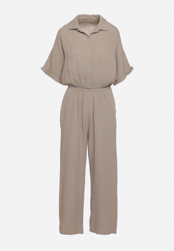 Born2be - Ciemnobeżowy Bawełniany Kombinezon z Koszulową Górą i Prostymi Spodniami Namsore. Kolor: beżowy. Materiał: bawełna. Styl: elegancki, klasyczny