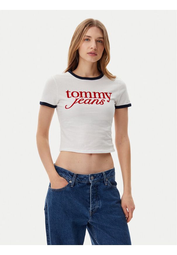 Tommy Jeans T-Shirt Script Ringer DW0DW20631 Écru Slim Fit. Materiał: bawełna